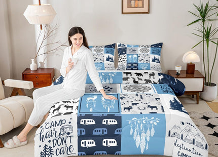 Bohemian Mandala Comforter Set, Rustic Lodge Camping Bedding Set Twin Size For Kids Boys Girls Teens, Farmhouse Christmas Deer Cabin Duvet Insert Woodland Bear Farm Amimal Adventure Quilt, Blue