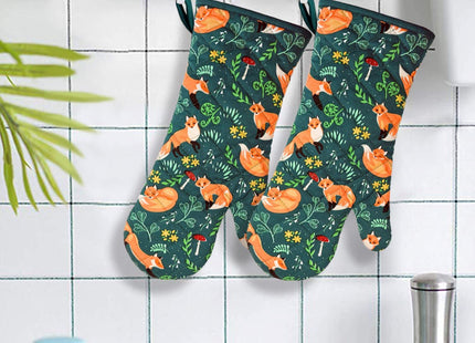 Oven Mitts Cotton Fashion Cute Fox Design 1 pair Heat Resistant Oven Gloves Safe Cooking Baking Grilling Barbecue Machine Washable (fox, oven mitts)