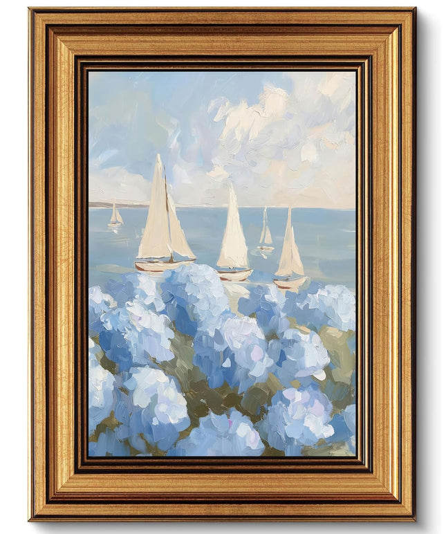 Gold Framed Vintage Coastal Hydrangea Canvas Wall Art Coastal Sailboat Painting Picture Wall Decor Seaside Summer Poster Print Artwork for Bedroom Living Room Bathroom Home Decoration 9x11in