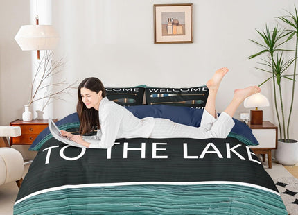 Lake Theme Duvet Cover Queen Size,Lake Paddles Comforter Cover with 2 Pillowcase for Teens Adults,Kids Rustic Wooden Barn Bedding Set,Navy and Green Breathable 3 Pcs Decorative Bed Cover(No Comforter)