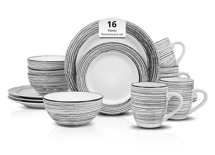 HomeVss 16 Piece Dinnerware Set, Ceramic Plates and Bowls Sets for 4, Microwave and Dishwasher Safe, Handcrafted Tree Bark Series Dish Set, White Birch