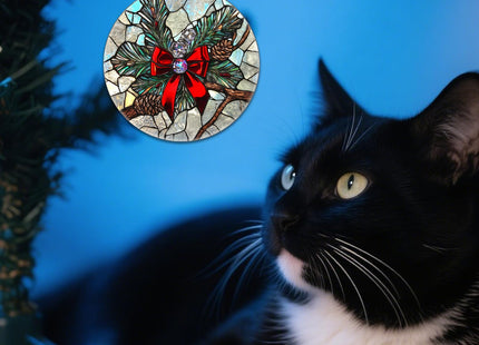 Christmas Pinecone Bow Stained Glass Window Hanging Suncatcher Gifts 3.2"