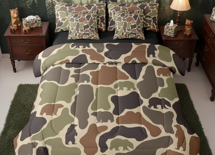 Erosebridal Bear Camo Bed in A Bag 7 Pcs Camouflage Hunting Bear Comforter Set for Kids Boys Girls Rustic Camo Army Wildlife Bedding Sets Twin Green Military Woodland Animals Sheet Set with Comforter