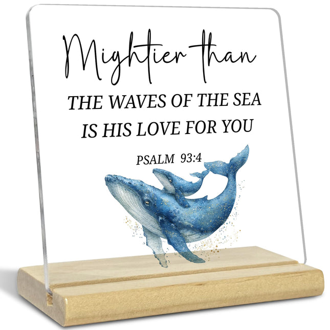 Christian Coastal Beach Whale Desk Decor,Mightier Than the Waves of the Sea Acrylic Decor Sign,Christian Home Decor,Bible Verse Decor