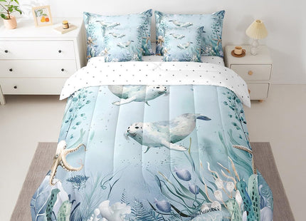 Ursine Seal 7 Piece Comforter Set Full Bed in a Bag,Teal Blue Ocean Beach Coastal Bedding Set Starfish Octopus Tentacles Sheet Sets with Comforter Creature Coral Bed Set,Kawaii Fish Room Decor