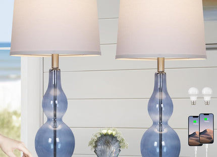 Rinweey 27.5" Coastal Blue Glass Double Gourd Table Lamp Set of 2,3-Way Dimmable Touch Control Bedside Lamps with USB Ports and AC Outlet, Nautical Nightstand Lamps for Bedroom Living Room