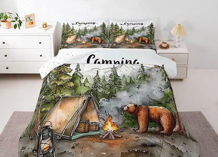 Erosebridal RV Camper Queen Bedding Set,Kids Camping Decor Comforter Set for Travel Trailers,Rustic Cabin Bear Quilt Set Forest Mountain Adventure Bed Comforter Sets,2 Pillowcases