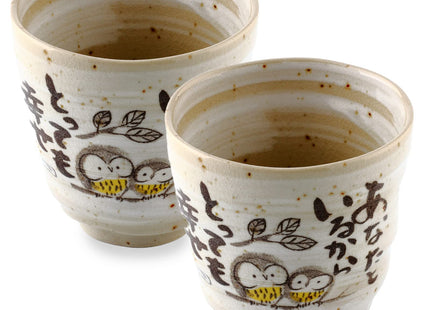 Japanese Tea Cups Handleless Coffee Mugs Owl Design 6.4 oz Set of 2