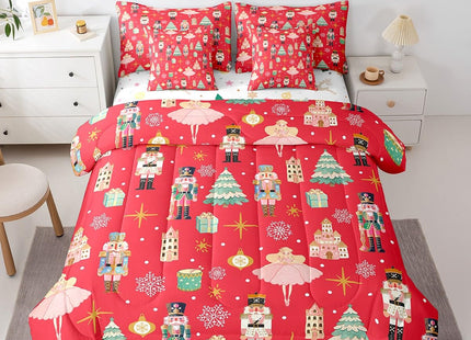 Erosebridal 7Pcs Red Christmas Comforter Set Twin Size,Christmas Nutcracker Bedding Set,Girly Dreamy Princess Bed in A Bag,Xmas Pine Tree Snowflake Quilt with Flat Fitted Sheet,Red