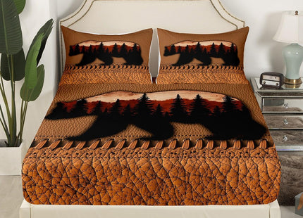 Rustic Bear Queen Bed Sheets For Men,Hunting Woodland Animal Bed Sheet Set Country Brown Patchwork Cowhide Fitted Sheet Farmhouse Flat Sheet Trees Silhouette Wooden Board Decor Bedding 2 Pillow Cases