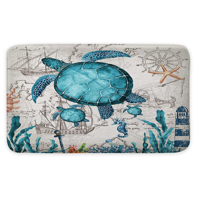 Uokiuki Teal Sea Turtle Bath Mat, Nautical Coastal Theme Bath Rug, Ocean Beach Non Slip Bathroom Rug, Bathroom Decor 17x29 Inch