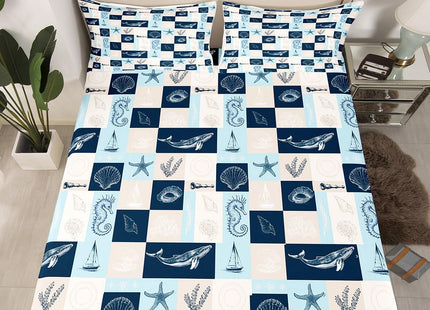 Ocean Coastal Theme Fitted Sheet Queen Size,Navy Blue Geometric Plaid Patchwork Grid Bedding Set Whale Conch Seahorse Starfish Coral Bed Sheet 3Pcs,Undersea World Deep Pocket Sheet,2 Pillowcases