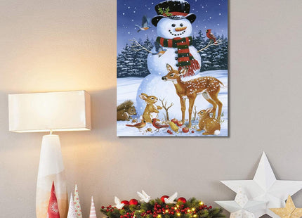 Snowman Christmas Decorations for Home Indoor Canvas Wall Decor - Framed Poster Print With Deer and Birds