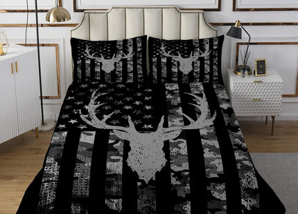 Kids Camo American Flag Bedspread Twin Size,Deer Antlers Silhouette Animal Quilted Coverlet,Girls Boys Adults Xmas/Bedroom Decor,Rustic Retro Coverlet Set,Black Grey Bedding Quilt,1 Pillowcase