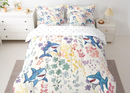 Erosebridal 7Pcs Ocean Shark Twin Comforter Set with Sheets,Colorful Floral Sea Animal Bedding Set for Kids Girls Boys,Cute Flower Bed in a Bag with Fitted Sheet,Flat Sheet,Pillowcases