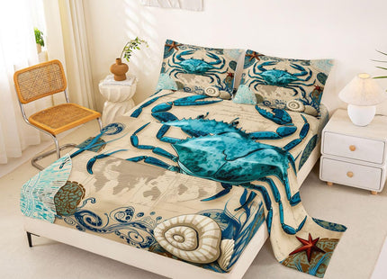 Beach Theme Bedding Set Kids Beach Crabs Print Twin 3 Piece Sheet Set 3D Crab Luxury Microfiber Bed Sheets Set (1 Fitted Sheet, 1 Flat Sheet, 1 Pillowcase)Soft Cute Marine Life Decorative Bedding