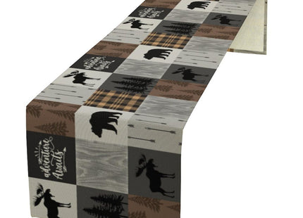 Rustic Cabin Bear Table Runner Retro Deer Moose Hunting Country Plaid Art Printed Runner for Home Kitchen Dining Table Living Room Decor Fabric 1 Panel W13xL36in