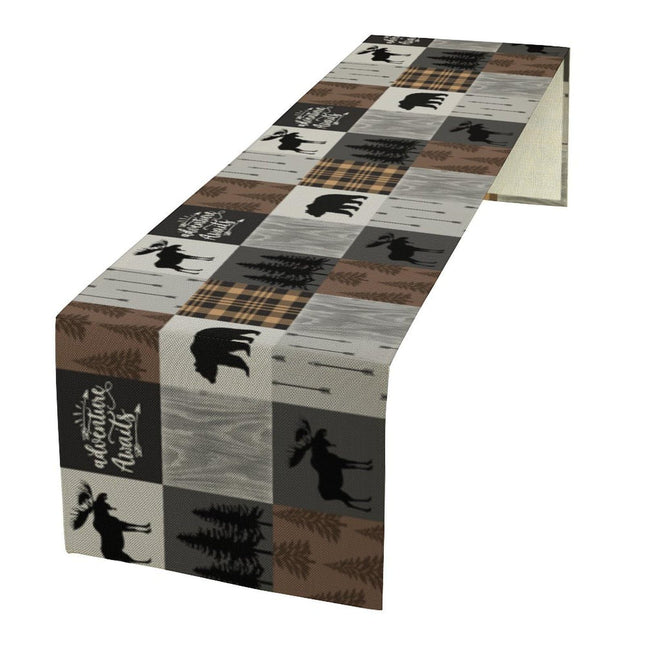 Rustic Cabin Bear Table Runner Retro Deer Moose Hunting Country Plaid Art Printed Runner for Home Kitchen Dining Table Living Room Decor Fabric 1 Panel W13xL36in