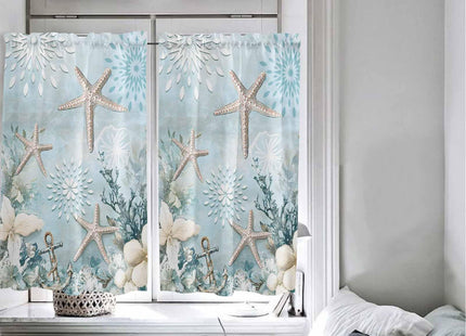Teal Ocean Coastal Kitchen Curtains 54 Inches length, Summer Beach Window Treatment Curtain Drapes, Nautical Coral Starfish Thermal Insulated Drapes for Basement Hotel RV, 42"x54", 2 Panels