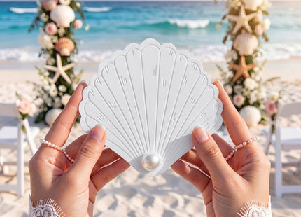 Resurhang 100 Pack Seashell White Place Cards with Pearl Accents Beach Wedding Name Place Cards for Table Seating Shell Shape Coastal Nautical Table Decor for Summer Sea Ocean Wedding Banquets Party