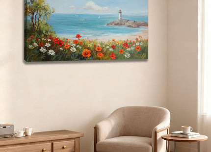Ardemy Lighthouse Framed Canvas Wall Art for Living Room Blue Ocean Painting Seascape Landscape Coastal Picture Textured Bedroom Artwork Home Office Wall Decor, Large 48"x24"