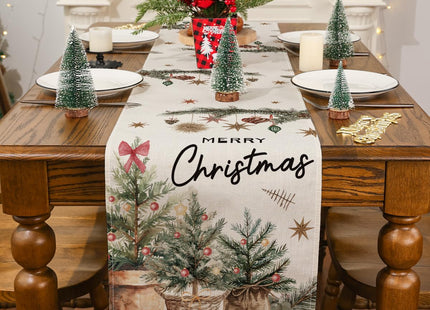 Christmas Table Runner, Xmas Trees Merry Christmas Runner for Table Holly Pine Cone Seasonal Winter New Year Holiday Home Party Decor Festival Decorations 13x36 Inch