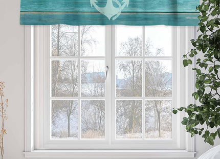 Teal Brown Kitchen Valance Curtain,Rustic Wood Board Window Curtain Topper,Retro Nautical Anchor Rod Pocket Curtain Valances for Bedroom,Short Curtains Window Treatment for Living Room 42x12in