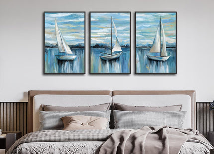 Large Framed Sailboat Wall Art, Tranquil Beach Decor, 24"x36" Set of 3