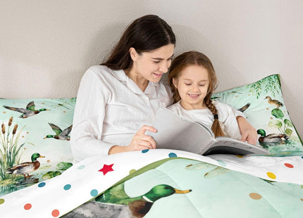 Feelyou Cute Mallard Duck Bedding Set Soft for Boys Girls, Wild Duck Hunting Comforter Set Twin Size Hunting and Fishing Duvet Quilt 3D Wild Animal Bedroom Decor Bright Green 2 Pcs with 1 Pillow Cases