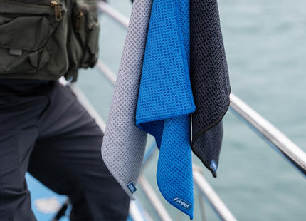 OHIKA Microfiber Fishing Towels with Clip, Waffle Pattern for Effective Cleaning of Fishing Gears or Dirty Hands, 16” x 16”, Camping Towels, Hiking Towels, Pack of 3 (Black/Grey/Blue)
