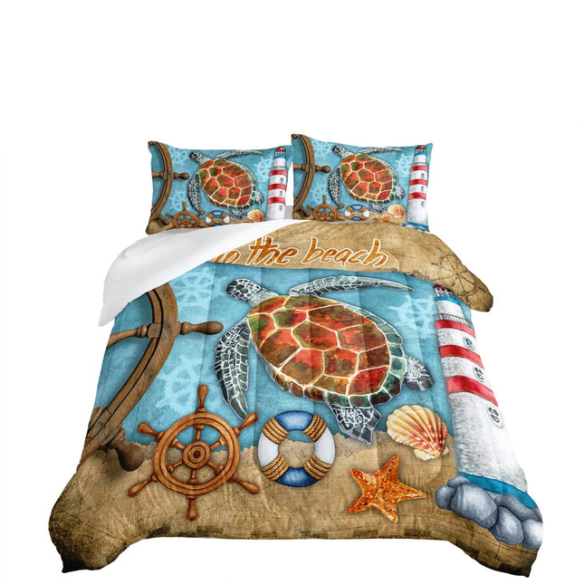 HOSIMA Sea Turtle Comforter Set,Lighthouse Rudder Starfish Shell Pattern Nautical Theme Bedding Full Size Comforter Sets,Seaside Beach Home Decor,Vintage Blue Ocean Kids Comforter Sets for Girls.