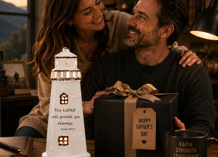 DAILYBREAD Christian Lighthouse Lamp for Men – Ceramic LED Night Light with Scripture Verse, Inspirational Gift for Dad, Husband, Pastor, Christian Home Decor 8" H