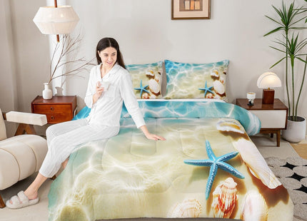 Ocean Comforter Set Twin Beach Bedding Set Coastal Nature Theme Teal Duvet Set Boys Girls Hawaiian Quilt Sets Sea Wave Animals Shell Starfish Reversible Comforter Set 1 Pillowcase, Blue Room Decor