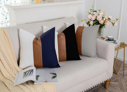 Vfuty 2 Pack 18x18 Inch Throw Pillow Covers, Brown Faux Leather & Navy Blue White Cotton Canvas, Double-Sided Decorative Pillow Case for Sofa Couch Coastal & Nautical Decor