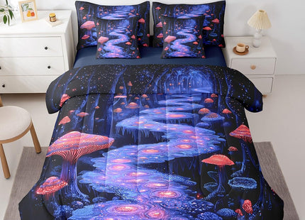 Erosebridal Mushroom 7 Pcs Comforter Set Queen Size,Dreamy Woodland Bed in a Bag with Flat Sheet and Fitted Sheet for Kids Teens Adult,Glitter Red Teal Bedding Set with Pillowcase and Sham Reversible