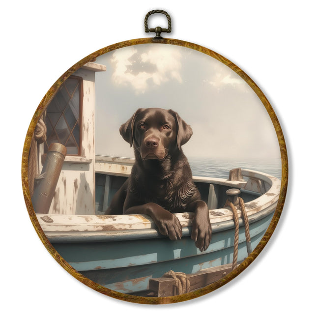 Hiuwevt Nautical Labrador Retriever Round Wall Art Decor, Chocolate Lab Gift Framed Canvas Prints, Coastal Nautical Lab Dog Round Wall Hanging Decor for Home Bedroom Room Decorations, 10x10 Inches