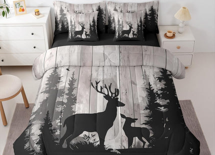 Erosebridal Deer Family Bedding Set Twin Retro Wooden Farmhouse Comforter Set 7 Piece Hunting Rustic Animal Bed in A Bag for Kids Girls Western Forest Wildlife Hunting Quilt with Flat Fitted Sheet