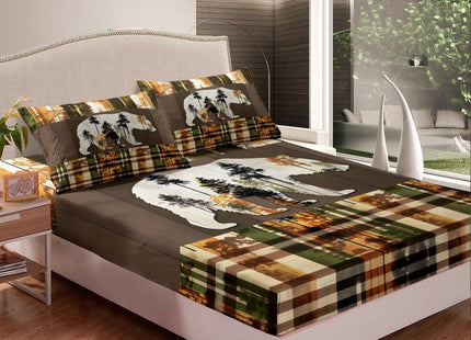 Boho Bear Twin Size Rustic Cabin Lodge Bedding Set for Boys & Girls - Moose & Bear Fitted Sheet, Wild Animal Bed Cover, 2Pcs
