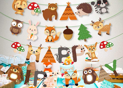 Woodland Party Decorations Woodland Happy Birthday Banner with Forest Animal Bunting Garland for Kids Boys Girls Woodland Birthday Party Supplies