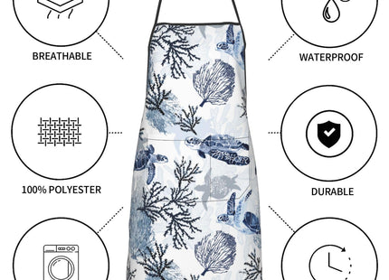 Nautical Blue Ocean Turtle Coral Bib Aprons, Unisex Polyester Coastal Beach Navy Blue Chef Cooking Apron with Pockets for Kitchen Baking BBQ, Ideal Gift for Sea Life Enthusiasts, Holiday Kitchen Decor