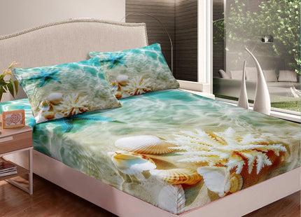 Erosebridal Ocean Bed Sheet Set Blue Beach Fitted Sheet Coastal Nature Theme Pattern Bed Sheet Set for Kid Child Boys Girls Bedroom Decor 1 Pillowcase (Teal,Green,Twin,Not Include Flat Sheet)