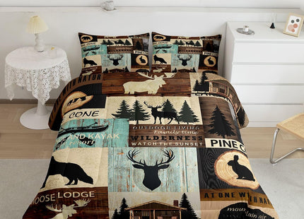 Hunting Woodland Animal Comforter Set Twin Rustic Fox Bear Deer Moose Bedding Set,Lake House Fishing Comforter For Farmhouse Cabin Lodge,Countryside Wildlife Quilt Duvet Brown Teal 1 Pillow Case