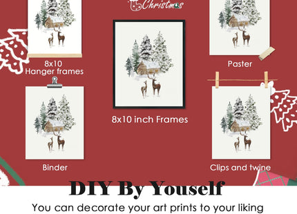 ULEGIE Christmas Winter Forest Cabin Poster Wall Art Prints Set of 4