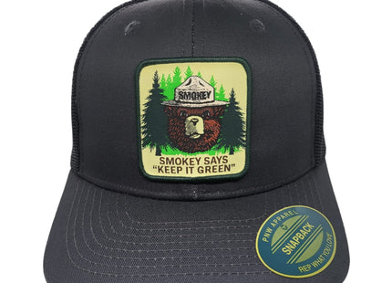 PNW Apparel Smokey the Bear Keep it Green Snapback Trucker Hat with Smokey the Bear Woven Patch (Grey/Black)