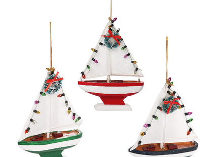 NAUTIMALL Wooden Sailboat Christmas Hanging Ornament, 5 Inch Tabletop Nautical Decor, Set of 3, Blue Green Red