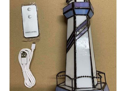Bieye L10776 Lighthouse Tiffany Style Stained Glass Accent Lamp, 5Wx11H