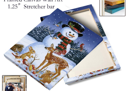 Snowman Christmas Decorations for Home Indoor Canvas Wall Decor - Framed Poster Print With Deer and Birds