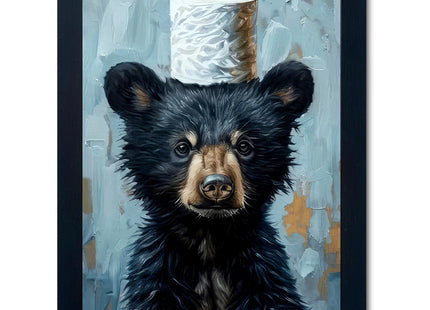Framed Funny Black Bear Bathroom Canvas Wall Art Adorable Bear with Toilet Paper Painting picture Wall Decor Cute Animal Poster Print Artwork for Bathroom Modern Nursery Humor Home Decor 12x16 in