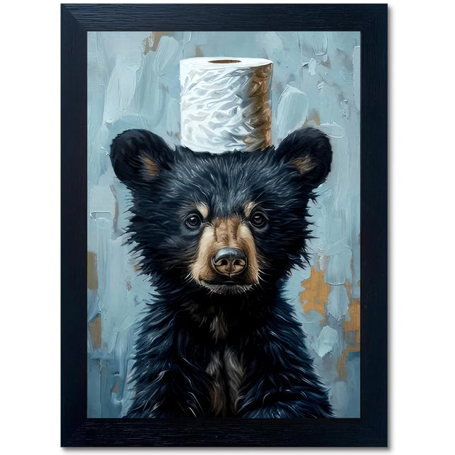 Framed Funny Black Bear Bathroom Canvas Wall Art Adorable Bear with Toilet Paper Painting picture Wall Decor Cute Animal Poster Print Artwork for Bathroom Modern Nursery Humor Home Decor 12x16 in