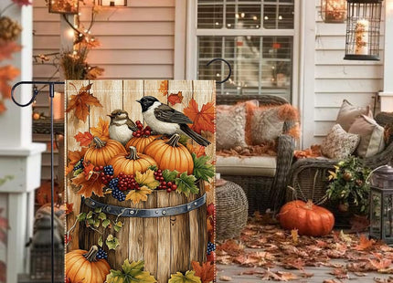 Fall Chickadee Garden Flag, Autumn Pumpkin Harvest Wooden Barrel Outdoor for Decor, Double Sided Burlap Maple Leaf Farmhouse Home Decor Yard Party Thanksgiving Decoration 12x18 Inch